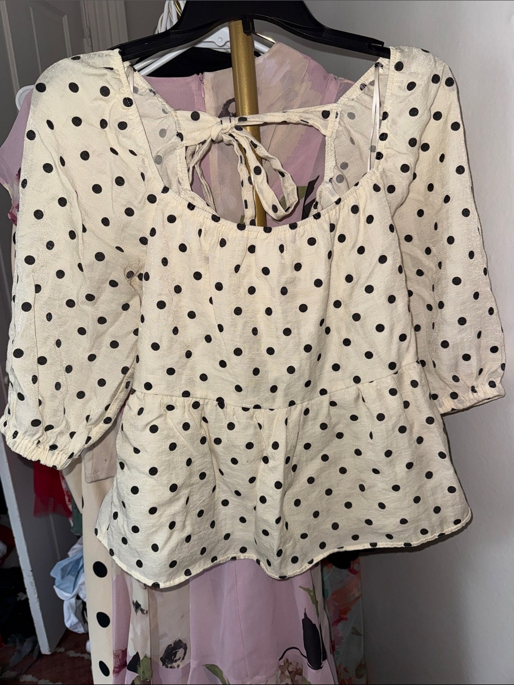 Blu Pepper Cream and Black Polka Dot Peplum Top with Back Tie
